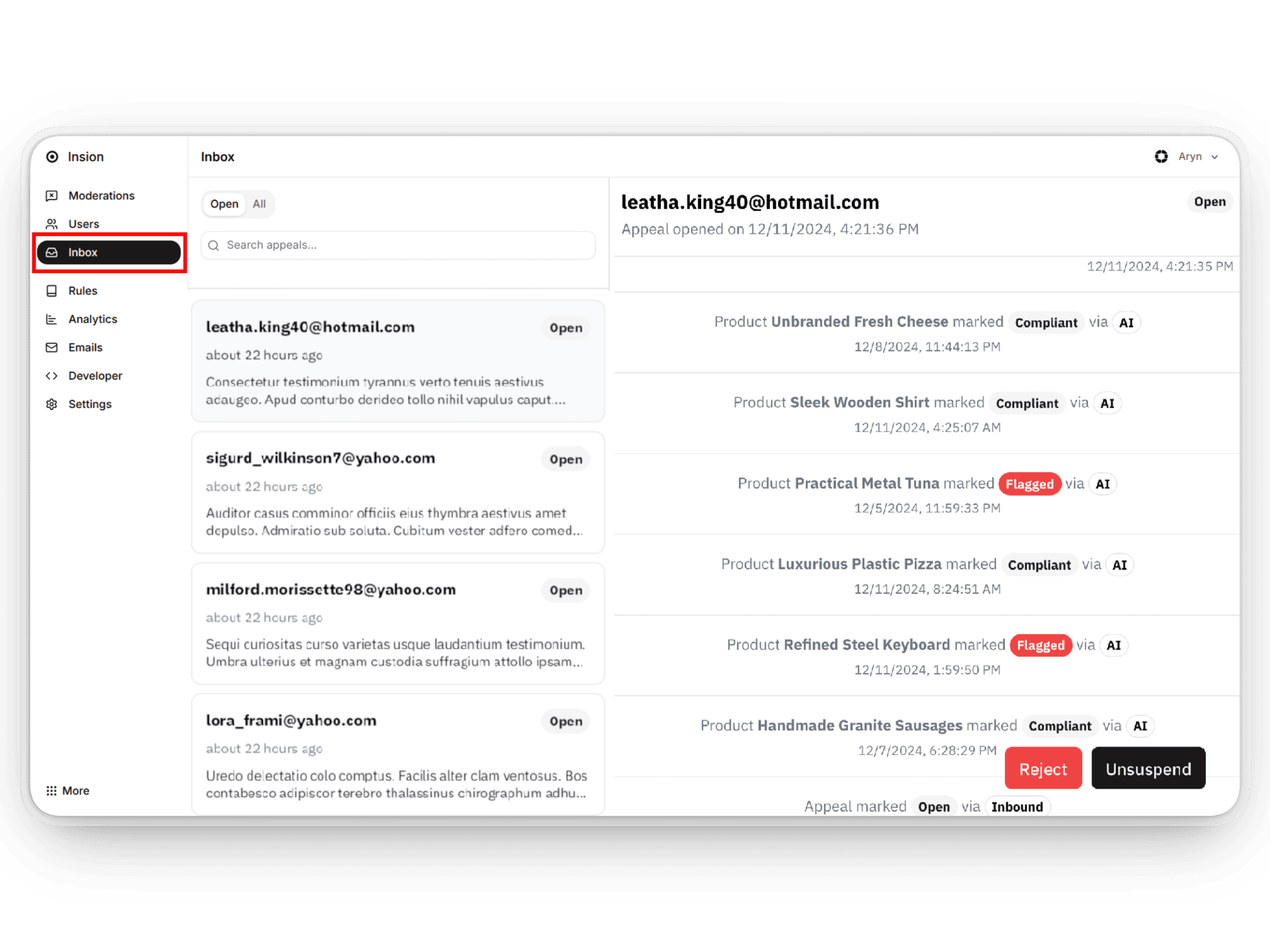 Appeals interface