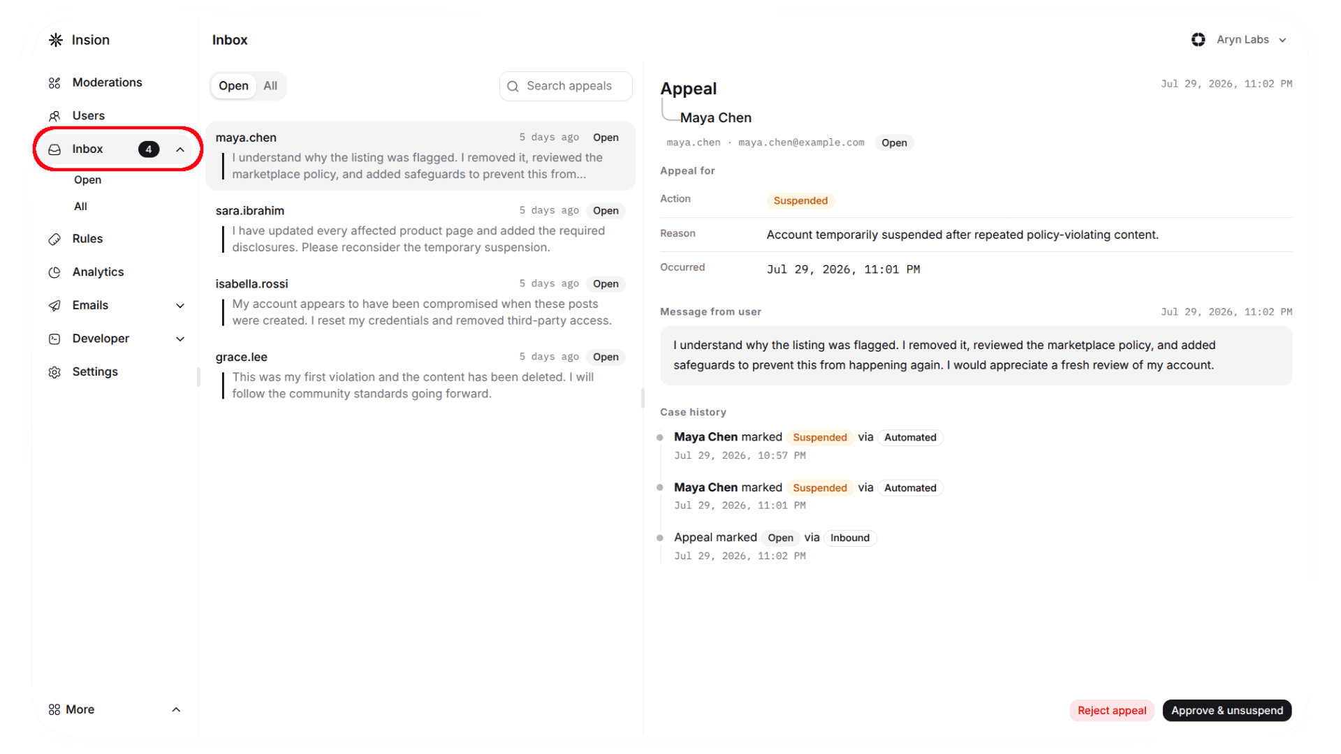 Appeals interface